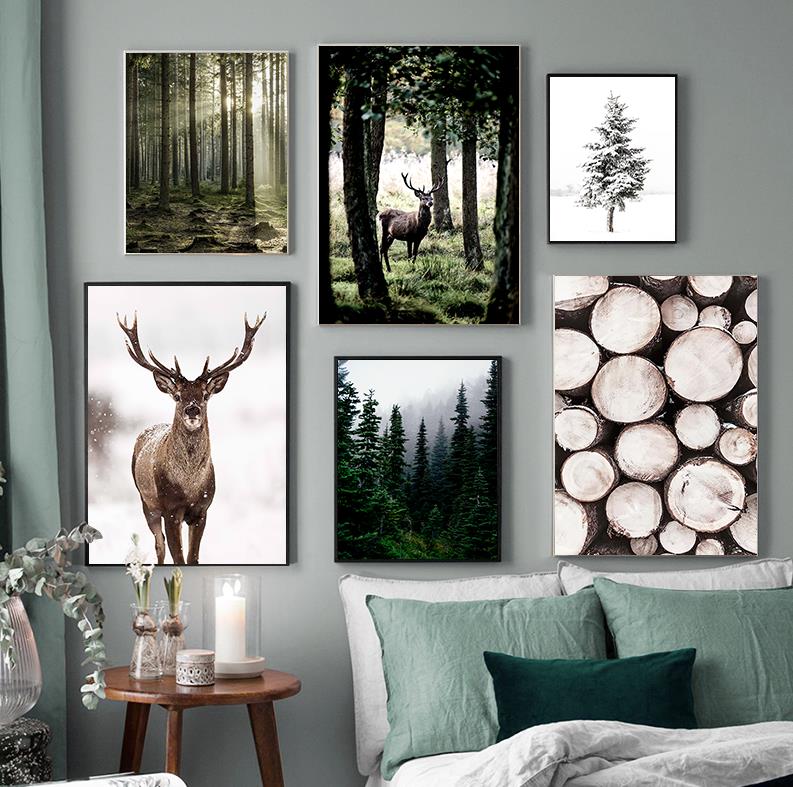 Home Decor Japandi - Pintura de paisaje nórdico con ciervos,